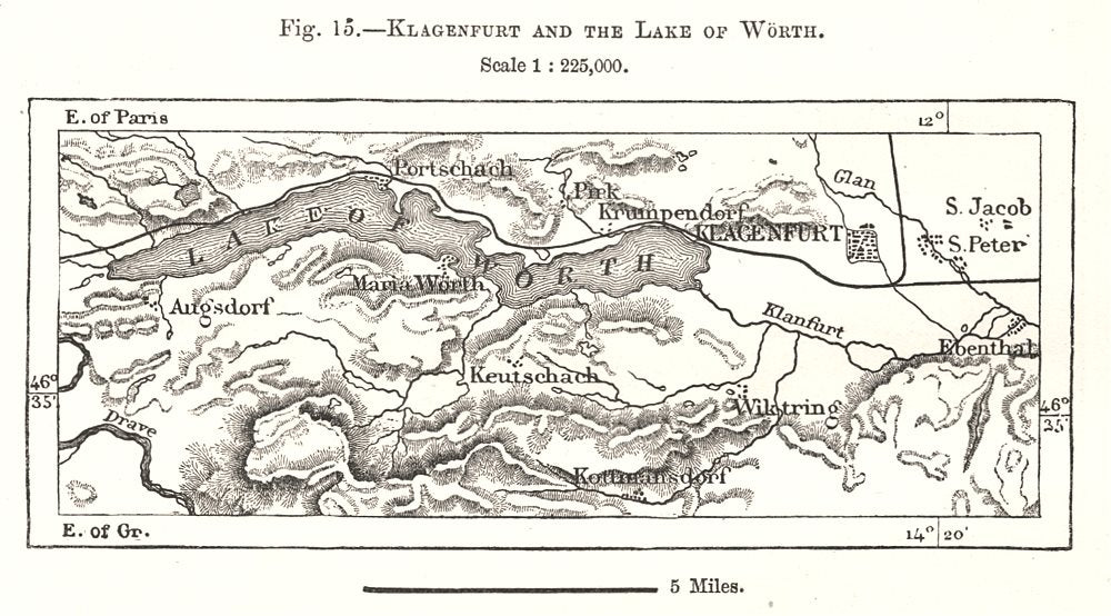 Klagenfurt and the Lake of Woerth. Wörthersee. Austria. Sketch map 1885